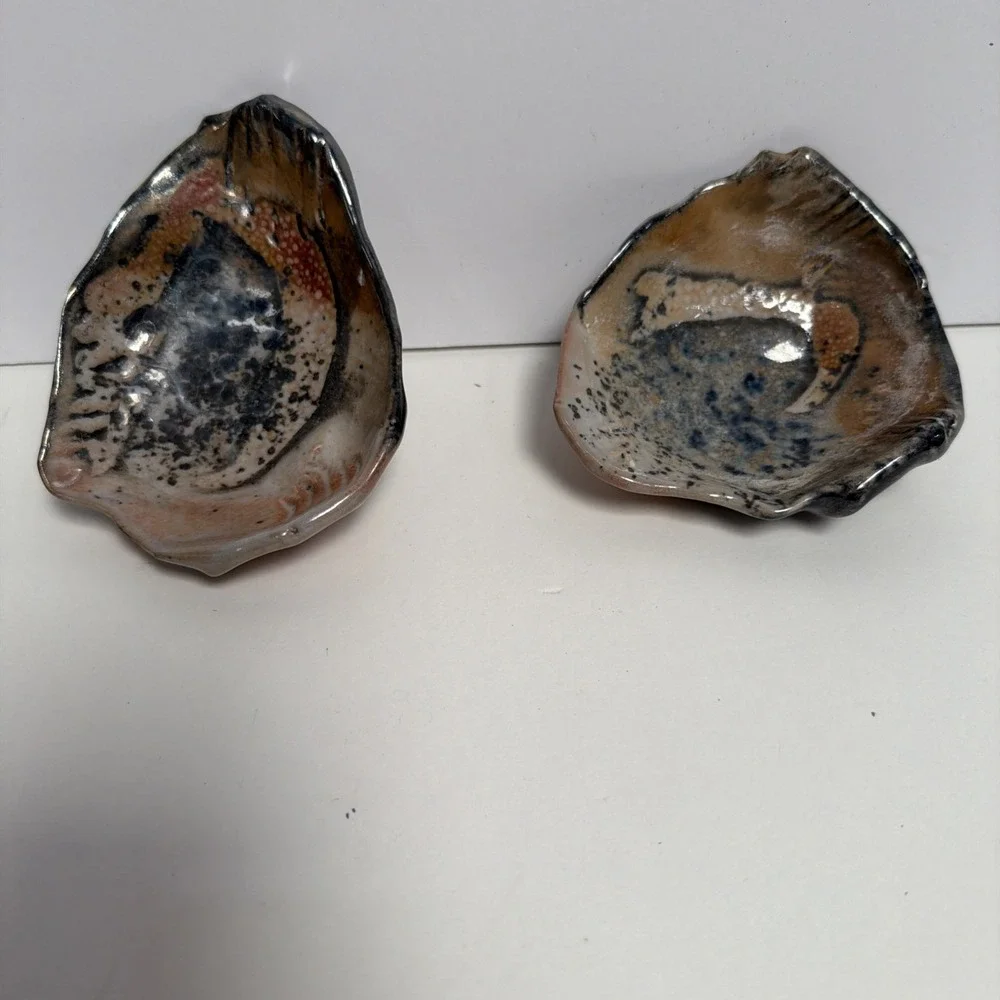 Vintage Studio Pottery Shell Dishes Signed M Oyster Form Pair 4.5
